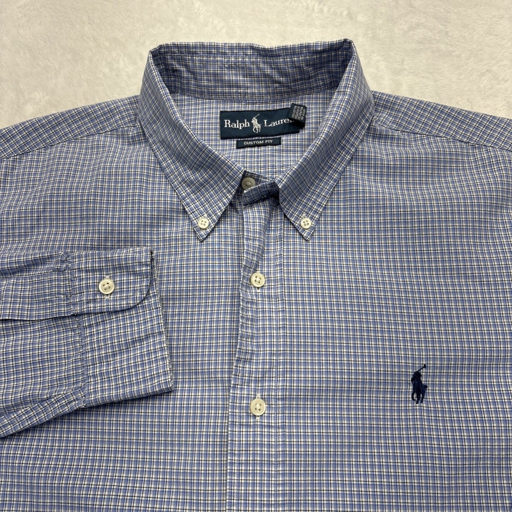 Ralph Lauren Custom Fit XL Blue Plaid Button Down Shirt Preppy Smart Casual